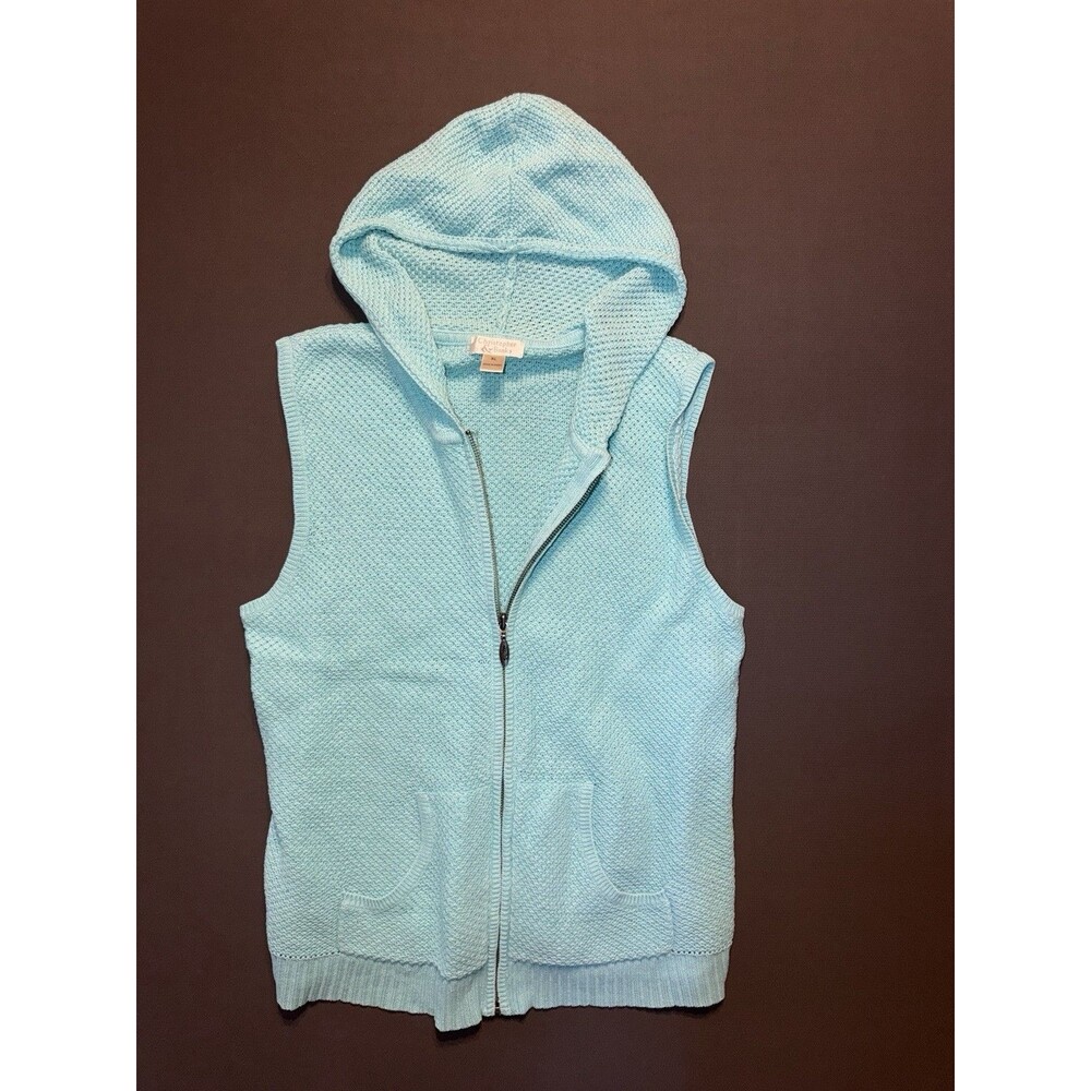 Christopher & Banks Womens XL Light Blue Hooded Knit Vest Sleeveless Full Zip